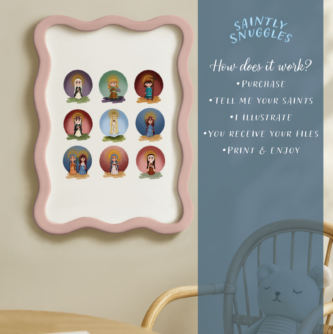 Custom Saint Grid Printable – Hand-Drawn Catholic Art (Choose 4–16 Saints)