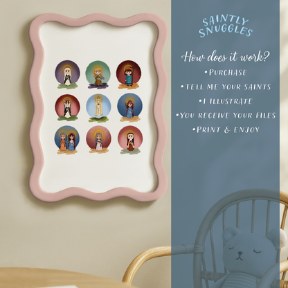 Custom Saint Grid Printable – Hand-Drawn Catholic Art (Choose 4–16 Saints)