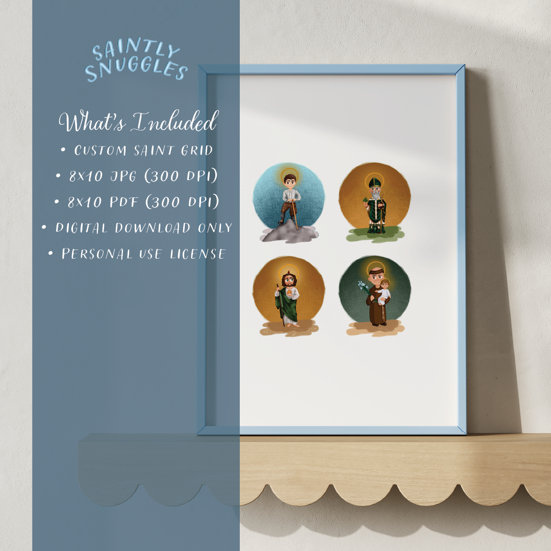Custom Saint Grid Printable – Hand-Drawn Catholic Art (Choose 4–16 Saints)