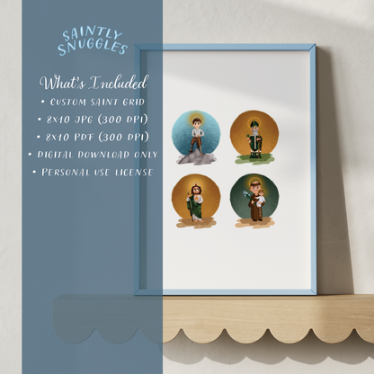 Custom Saint Grid Printable – Hand-Drawn Catholic Art (Choose 4–16 Saints)